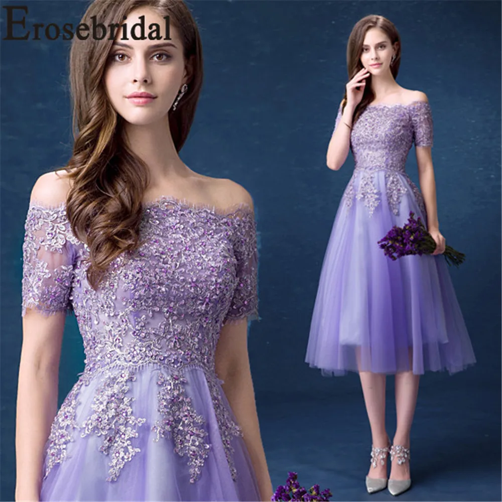 Короткое платье для выпускного вечера Erosrbridal фиолетовое длиной ниже колена с