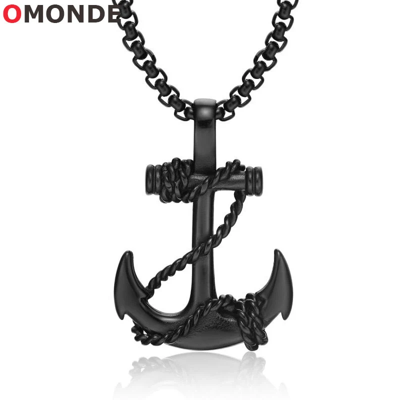 

OMONDE Black Silver Gold Color Stainless Steel Boat Anchor Pendant Necklace 55cm Long Box Chains Vintage Male Pirate Men Jewelry