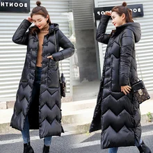 Новое зимнее длинное хлопковое платье с капюшоном и пряжкой на коленях Женская модная куртка