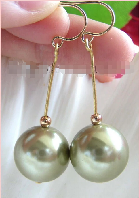 

00 FREE SHIPPING d*****Natural 14mm Round Green Shell Pearl Earrings 14k!