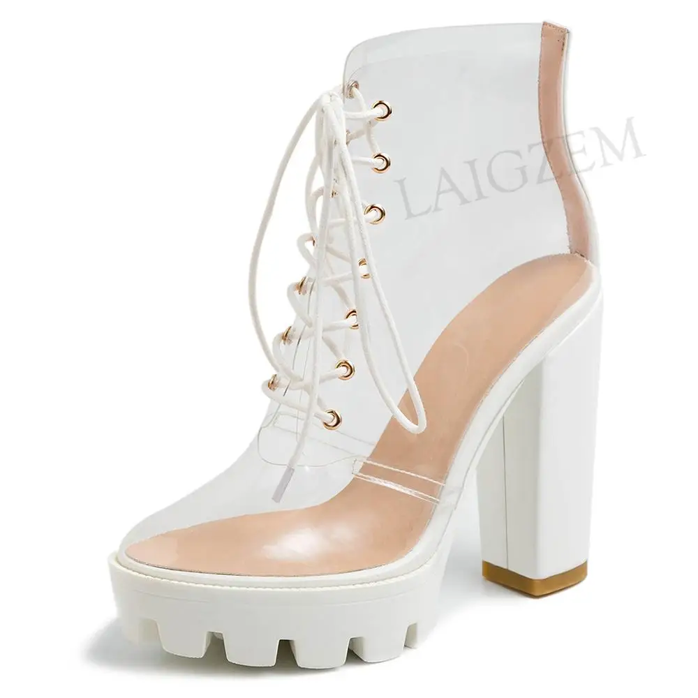 LAIGZEM FASHION Women SUMMER Transparent Clear Ankle Boots Chunky Heels Short Boots Ladies Botines Mujer Small Big Size 33-41 (8)