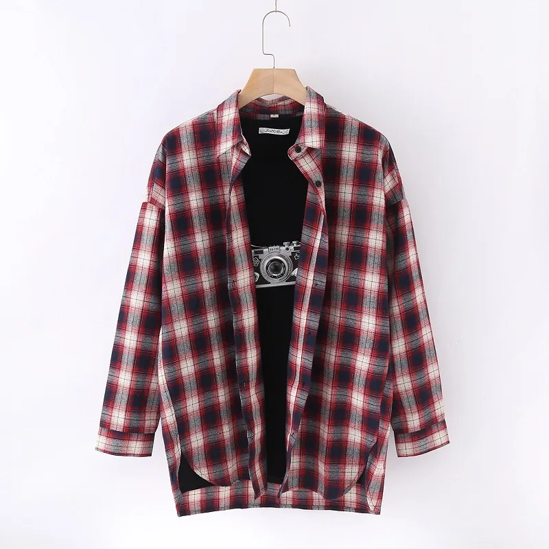  Women Plaid Shirts Japanese style loose Spring Long Sleeve Blouses Flannel Plaid Shirt Casual Femal