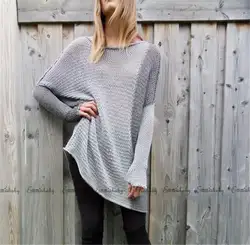 Для женщин Зимний вязаный джемпер свитер серого цвета Топы пуловер Трикотаж Повседневное с круглым вырезом лоскутное длинный свитер