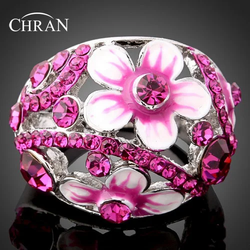 

CHRAN Fashion Silver Color Beautiful Pink Flower Ring for Women Elegant Crytal Wedding Rings Enamel Jewelry Summer Style