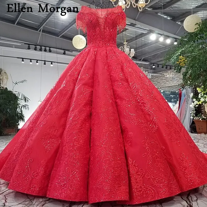 

Vintage Red Lace Ball Gowns Wedding Dresses 2019 with Beading Stones Princess Merry Custom Made Colorful for Sexy Bridal