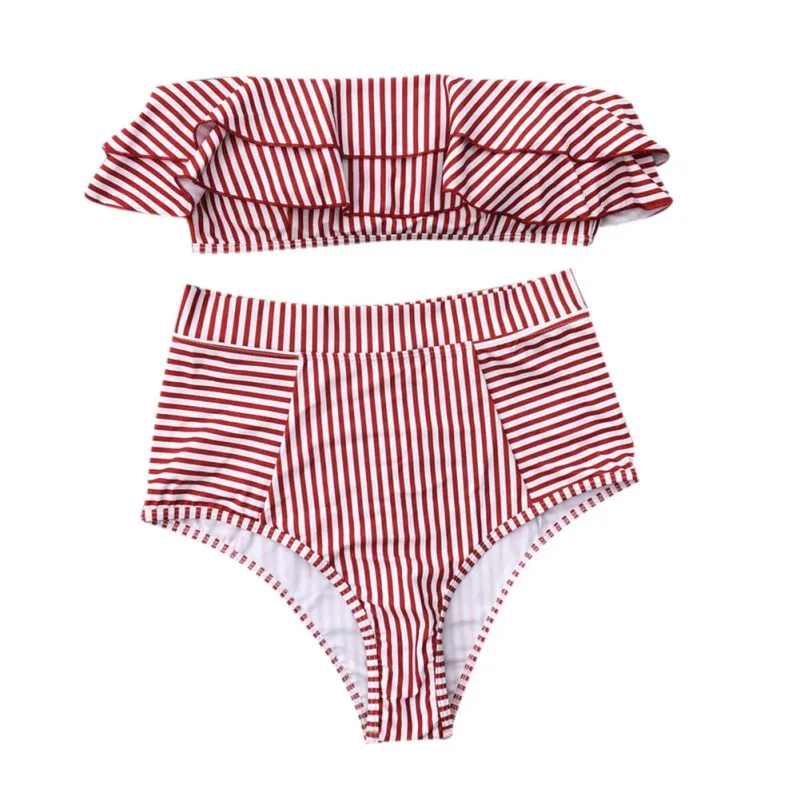 

Summer Women Sexy Striped Print Ruffled Simple Openwork Halter Tube Top Split Bikinis Set Swimsuit