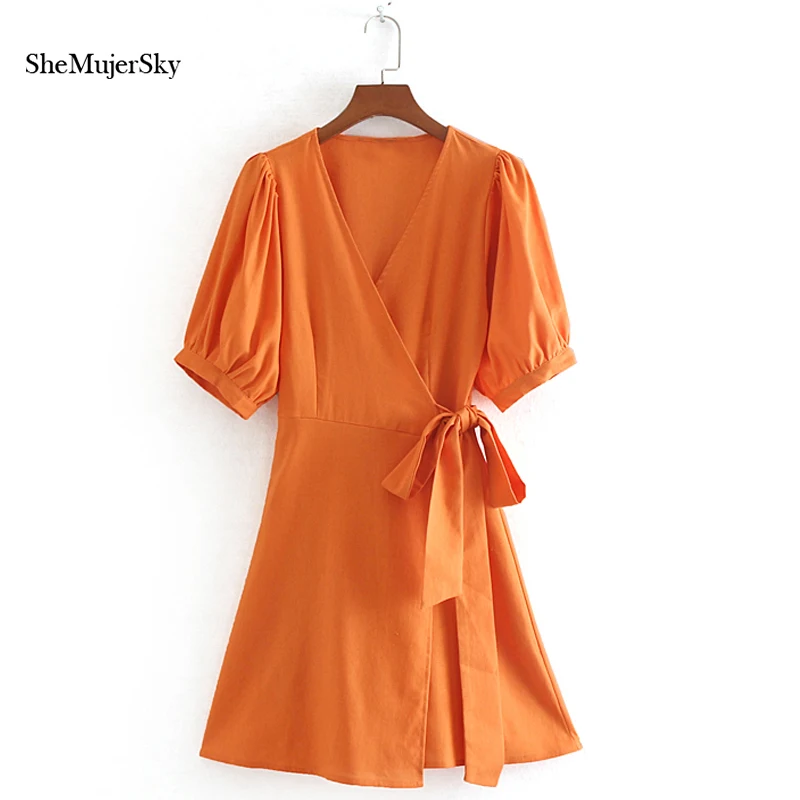 

Shemujersky Orange Cotton Linen Dress Summer 2019 V Neck Wrap Women Dresses Casual Elegant Puffles Sleeve Vestidos