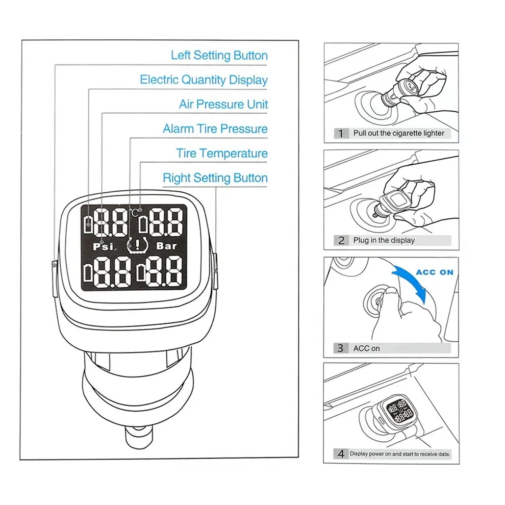 

Universal TPMS Tyre Pressure Monitoring System Real-time Cigarette Lighter with 4 External Sensors LCD Digital Display