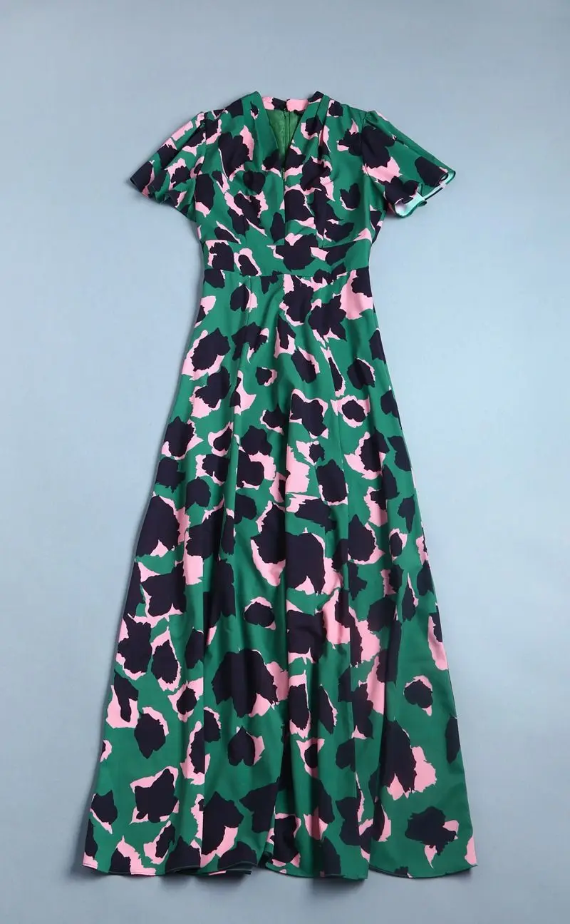 2019 Runway Vintage Boho Polka dot Long Dress Short Sleeve Green Elegant Women Fashion Designer Party Maxi Dresses (12)