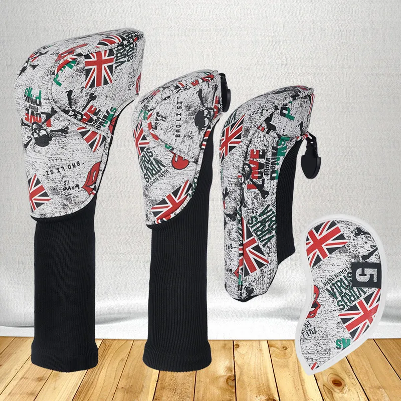 

UK Flag Golf Head Covers With Skull For Driver Fairway Woods #3#5 Hybrid UT Irons Clubs Headcovers For Man Women
