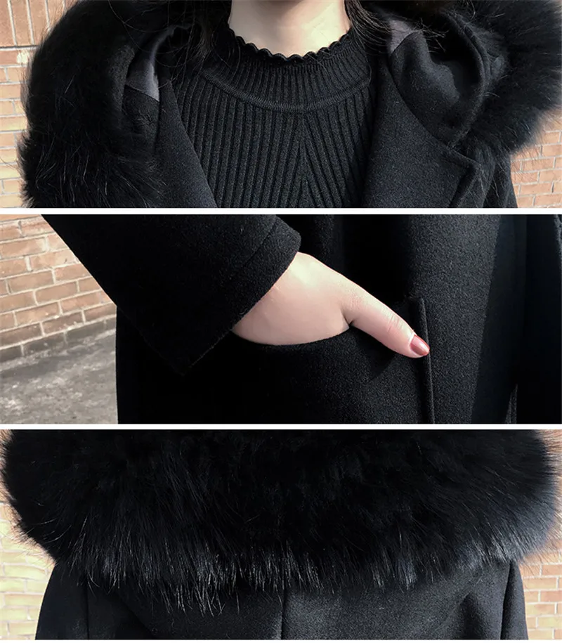 Черное шерстяное пальто, зимняя женская куртка, новая мода, с меховым воротником, с капюшоном, верхняя одежда, средней длины, тонкое женское пальто DT0474