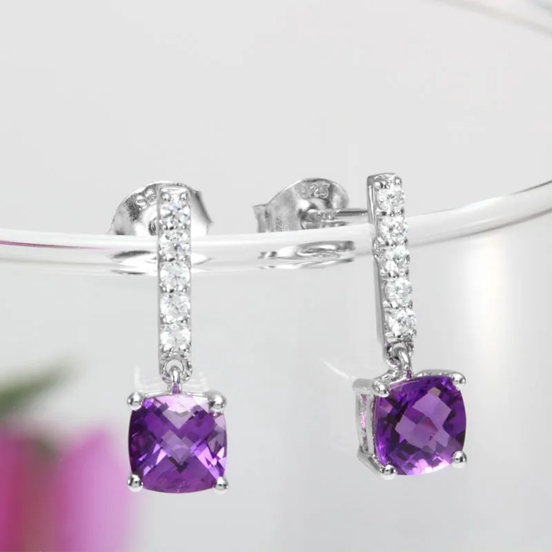 

ANI 925 Sterling Silver Women Drop Earrings Natural Amethyst Fashion Design Female Wedding Bijoux Fine Gemstone Jewelry Custom