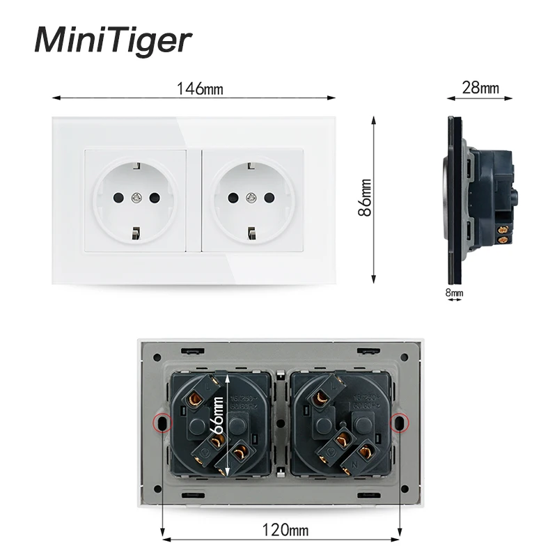 Minitiger 16А двойная настенная розетка стандарта ЕС Хрустальная стеклянная панель розетка с заземлением с детской защитной дверью серый черный