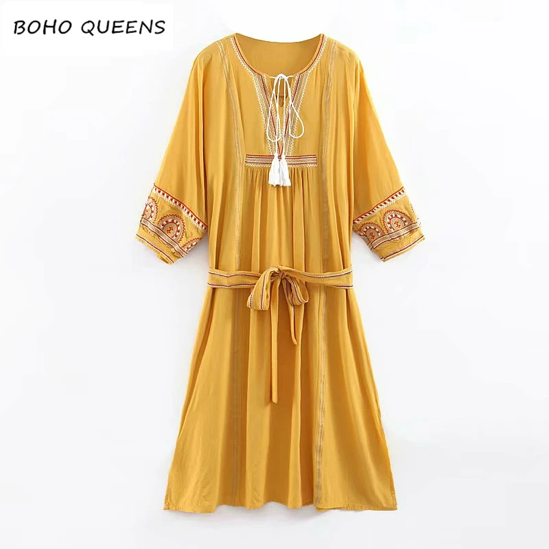 

Vintage chic women Boho dress rayon cotton Floral embroidery beach Bohemian midi dress Ladies tassel Summer dress vestidos
