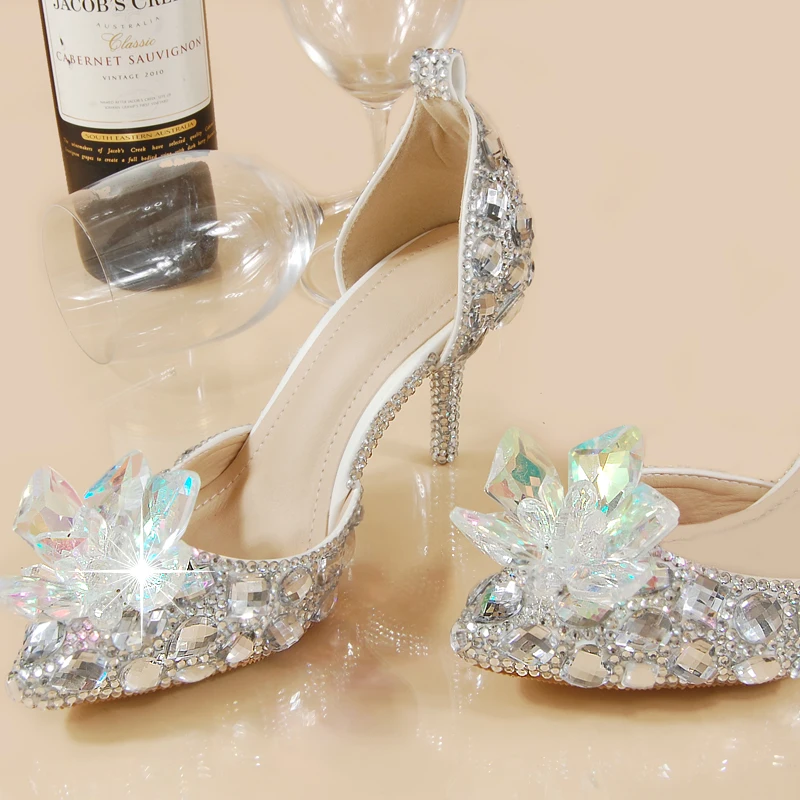 Silver Glass Bridal Wedding Shoes Classics Bling Crystal High