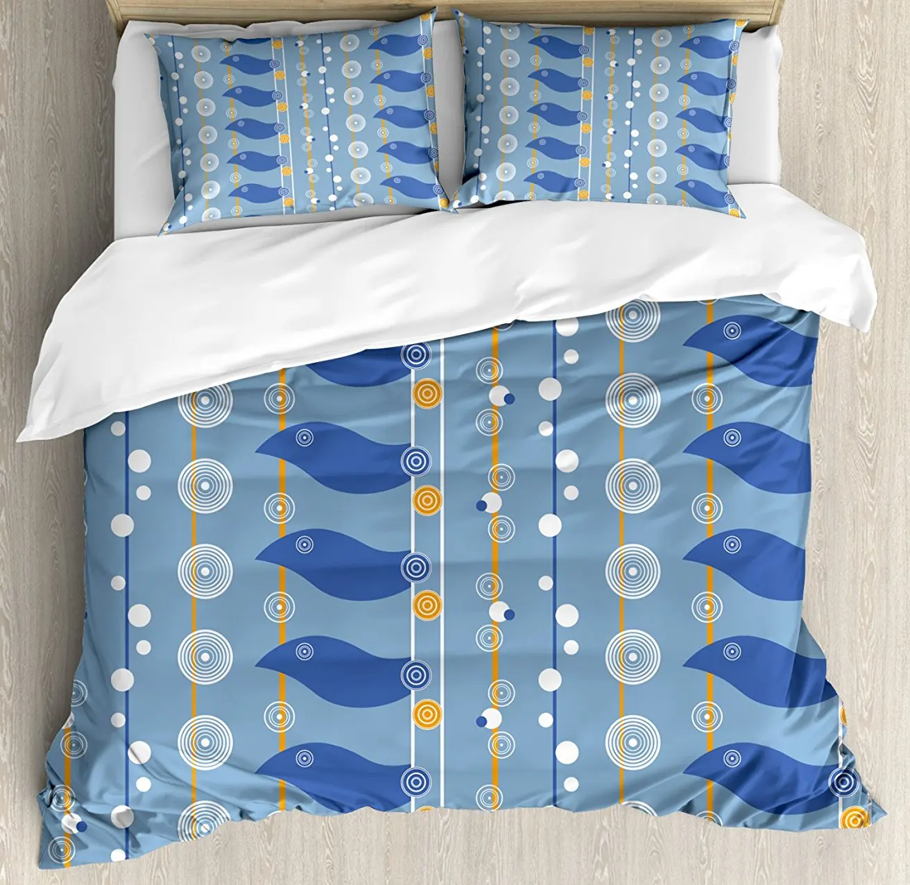 

Yellow and Blue Duvet Cover Set Abstract Sea Pattern with Spiral Circles Waves Lines Illustration 4 Piece Bedding Set