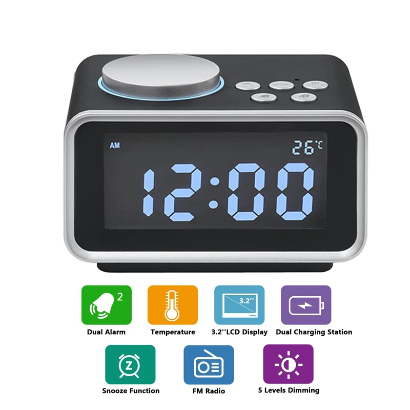 

Digital Alarm Clock Fm Radio Loud Watch Alarm Clock For Heavy Sleepers With Brightness Dimmer Dual Alarm Charging Ports Led
