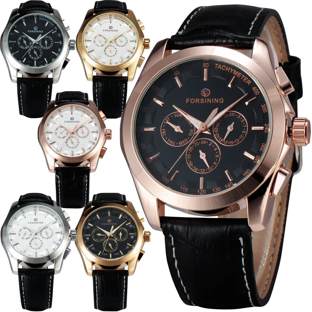 WINNER Men s Automatic Mechanical Wrist Watch Leather Strap Precision Durable Sub Dials Tachymeter W Box
