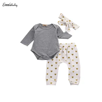 

0-18M Newborn Toddler Baby Girls Lovely Casual Long Sleeve O-Neck Solid Romper Tops Print Pant Headband 3PCS Outfit Baby Sets