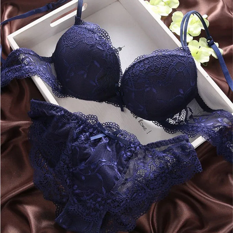 HIRIGIN Новейшие женские Пуш-Ап вышивка сексуальный кружевной бюстгалтер с цветами наборы трусиков Нижнее белье 5 цветов - Цвет: Синий