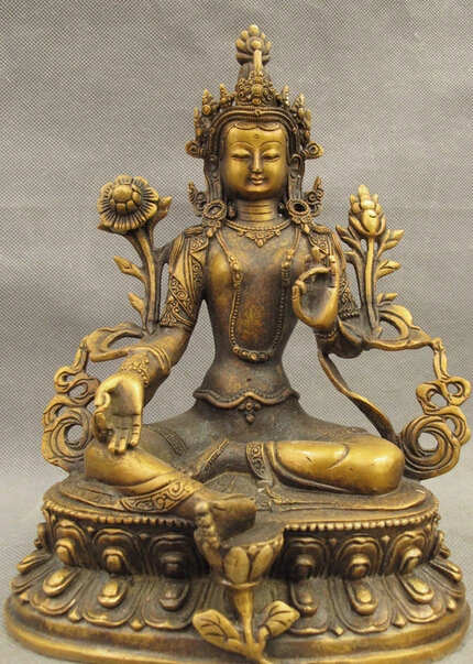 

JP S0114 9" Tibet Bronze Religion Temple Lotus Green Tara Buddha Kwan-yin Statue Set (B0328)