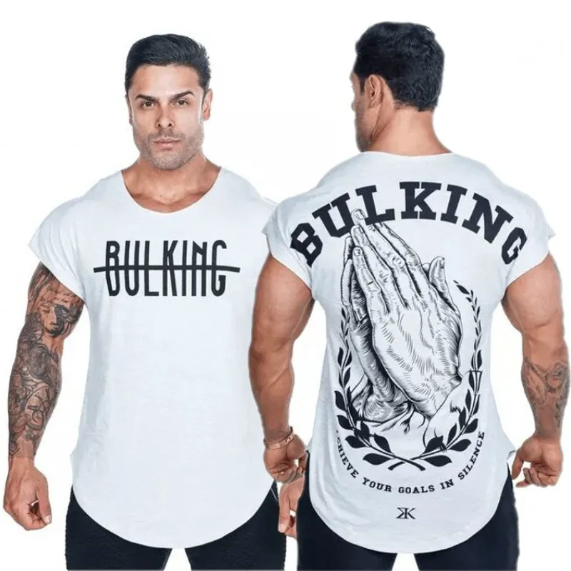 

Newest Summer Brand Men Tees Curved Hem Bodybuilding Shirt Casual Print Gyms Stringers Clothing Fitness Male Shirt 3 Color