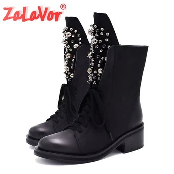

ZALAVOR Women Mid Calf Boots Round Toe Zipper Rivets Motorcycle Boots Winter Warm Outdoor Daily Women Footwear Size 35-42