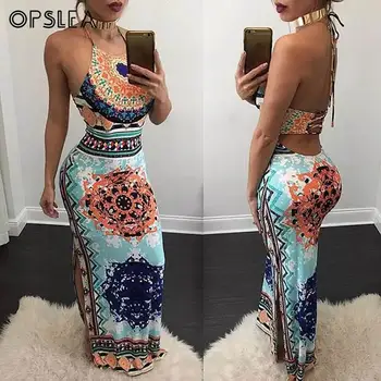 

Opslea African Fashion Sexy Side Slit Long Bandage Skirt Tribal Ethnic Hollow Print Dashiki 2019 Summer Backless Casual Dress