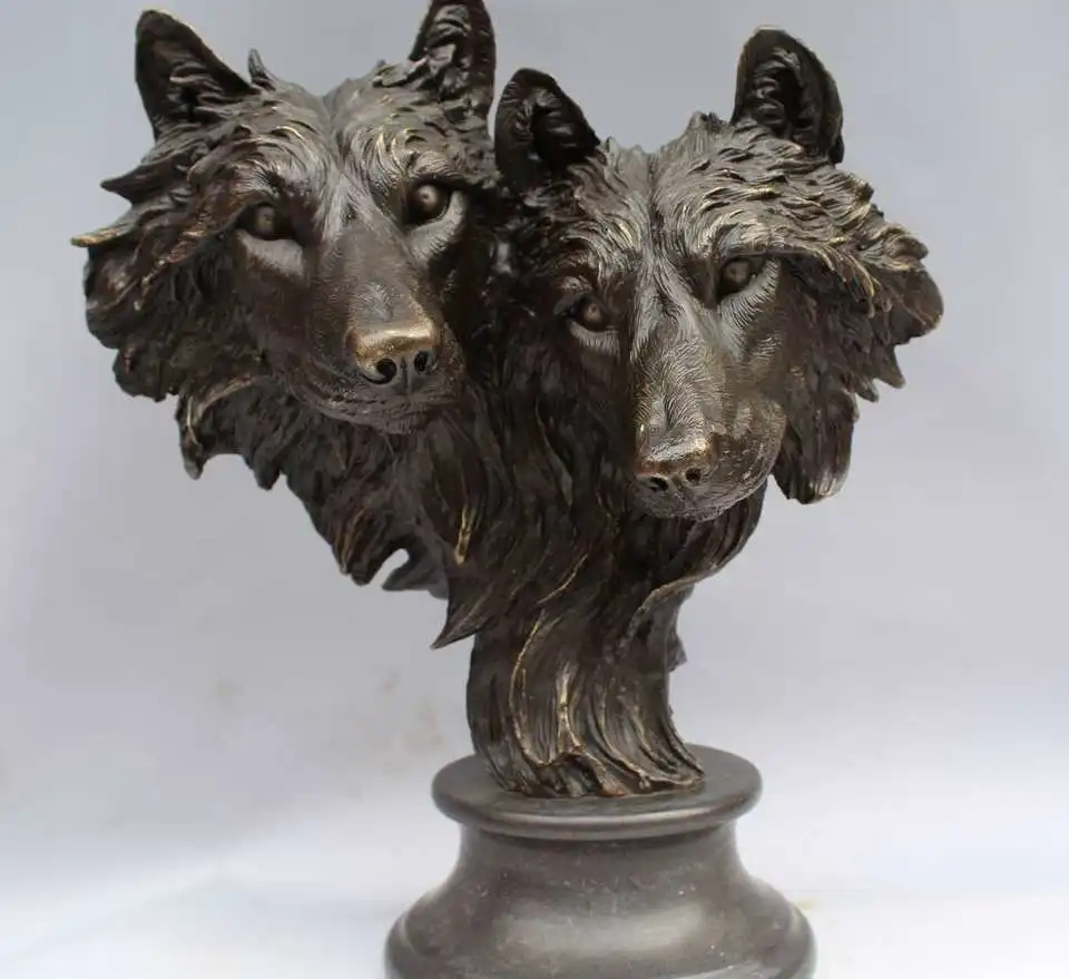 

15 Bronze Animal Unity and Brave Two Wolf Head Rare Realistic Sculpture Statue