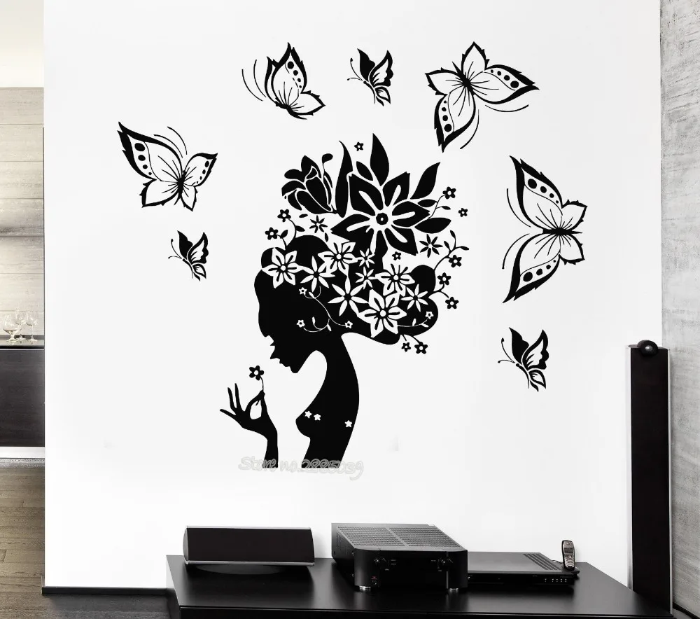 

Newest Design Wall Decals Pretty Butterfly Beauty Salon Woman Abstract Hair Stickers Girl Rooms Art Decor Hall Poster Wall LA478