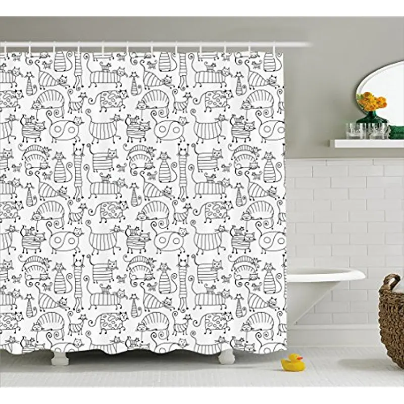 

Vixm Doodle Shower Curtain Cute Kids Kitten Cat Hand Drawn Animal Love Baby Caricature Playroom Nursery Fabric Bath Curtains