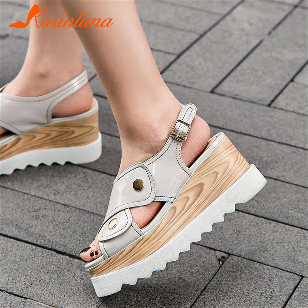 

KARINLUNA Fashion 2019 Cow Leather Wedge High Heels Summer Sandals Woman Shoes Buckle Strap Hot Shoes Woman Sandals