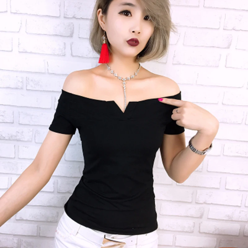 

Off Shoulder Top T Shirts Women 2019 Summer Slash Neck Tshirt Women Short Sleeve Slim Womens Clothing T-Shirt camisetas mujer