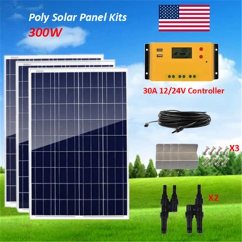 

300 Watt Solar Panel Polycrystalline Bundle Kit 3 X 100W W/ 30A Solar Charge controller Off Grid 12V RV Boat Home
