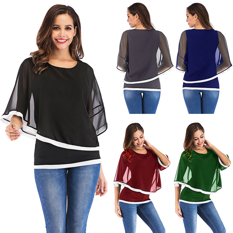 

Summer Round Neck Blouse Chiffon Plus Size Women Blouses Irregular Loose Patchwork Patchwork Sleeve Casual Chiffon Shirts