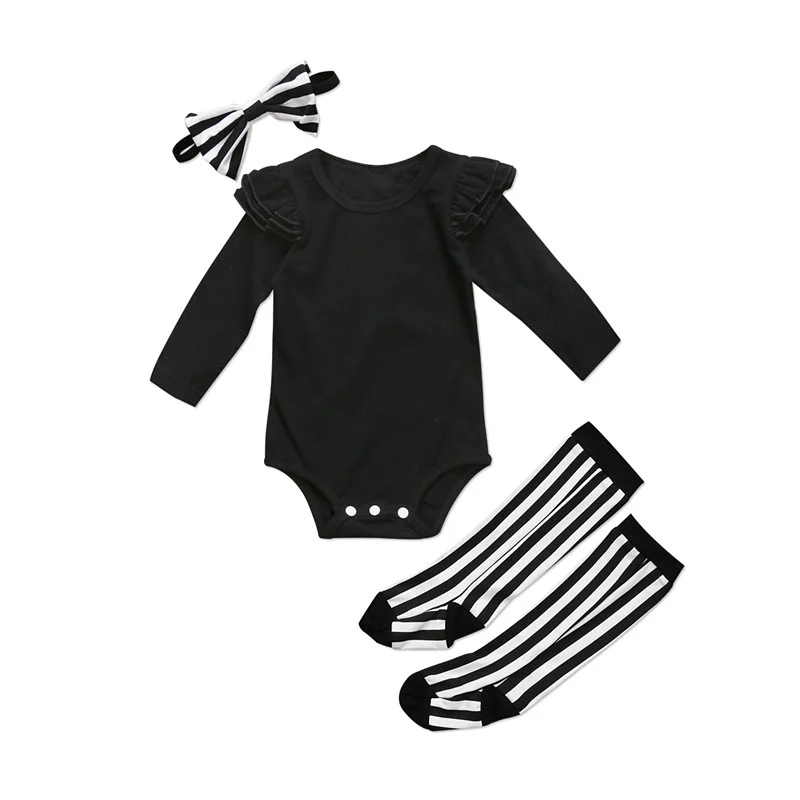 Милый комплект одежды для маленьких девочек из 3 предметов, осенняя хлопковая одежда для новорожденных, детская одежда для девочки+ длинные носки+ повязка на голову, новинка года, комплекты одежды для девочек