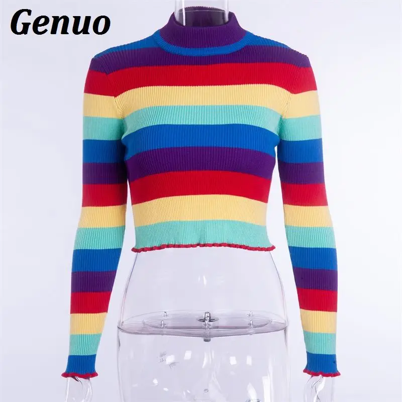 Genuo Autumn Winter Knitted Sweater Crop Tops Color Block Stripe Long Sleeve Casual Knitted Pullover Jumpers pull femme hiver