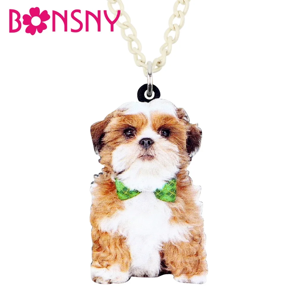 Bonsny Acrylic Cartoon Cute Chinese Shih Tzu Dog Necklace Pendant Collier Fashion Animal Jewelry For Women Girls Pet Lovers Gift | Украшения