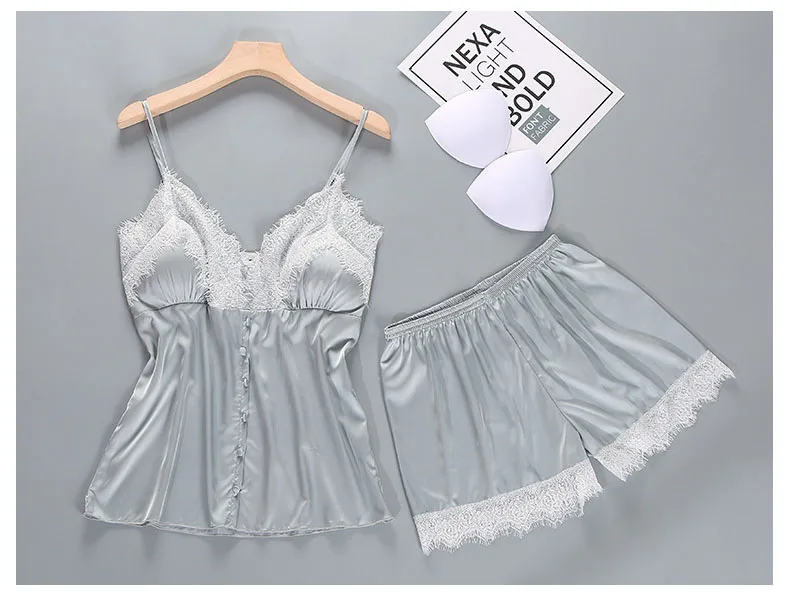Queenral Pajama Sets Sexy Lingerie Pyjama Femme Summer Women's Sleep Lounge Silk Satin Sleepwear With Chest Pad Nightwear 5