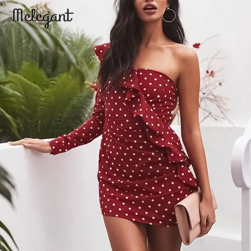 

Melegant Sexy Mini Party Women Dress Winter 2019 Bodycon Ruffle Dress One Shoulder Long Sleeve Polka Dot Red Dresses Vestidos