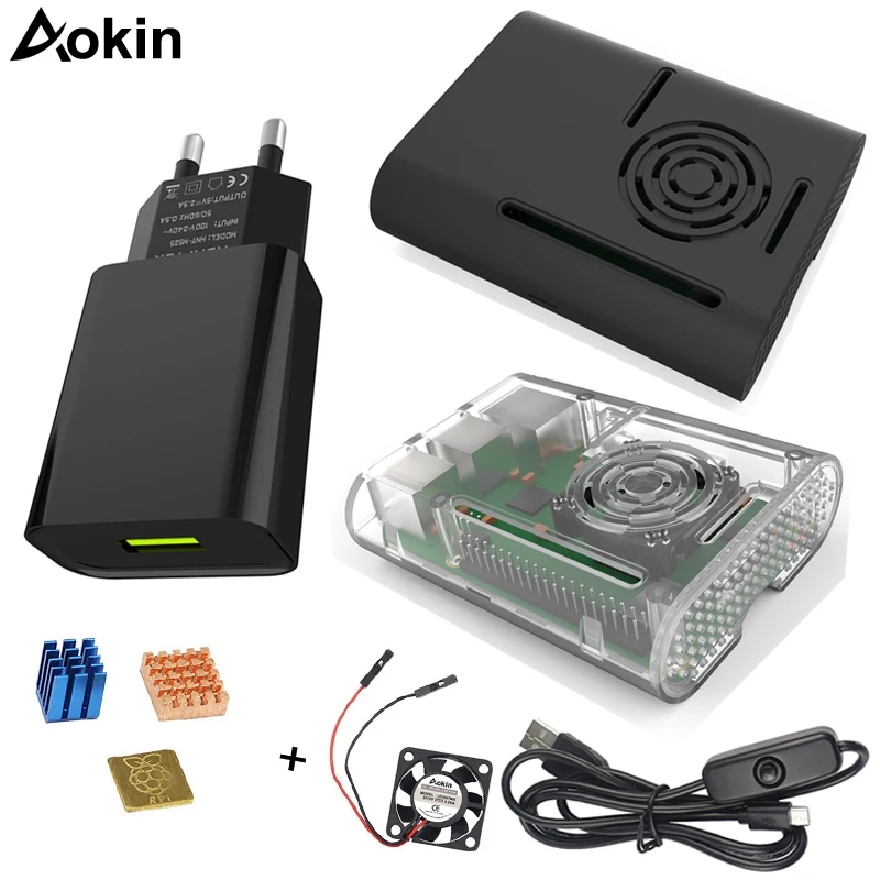 Чехол Aokin Raspberry Pi вентилятор радиатор источник питания для 4 с вентилятором