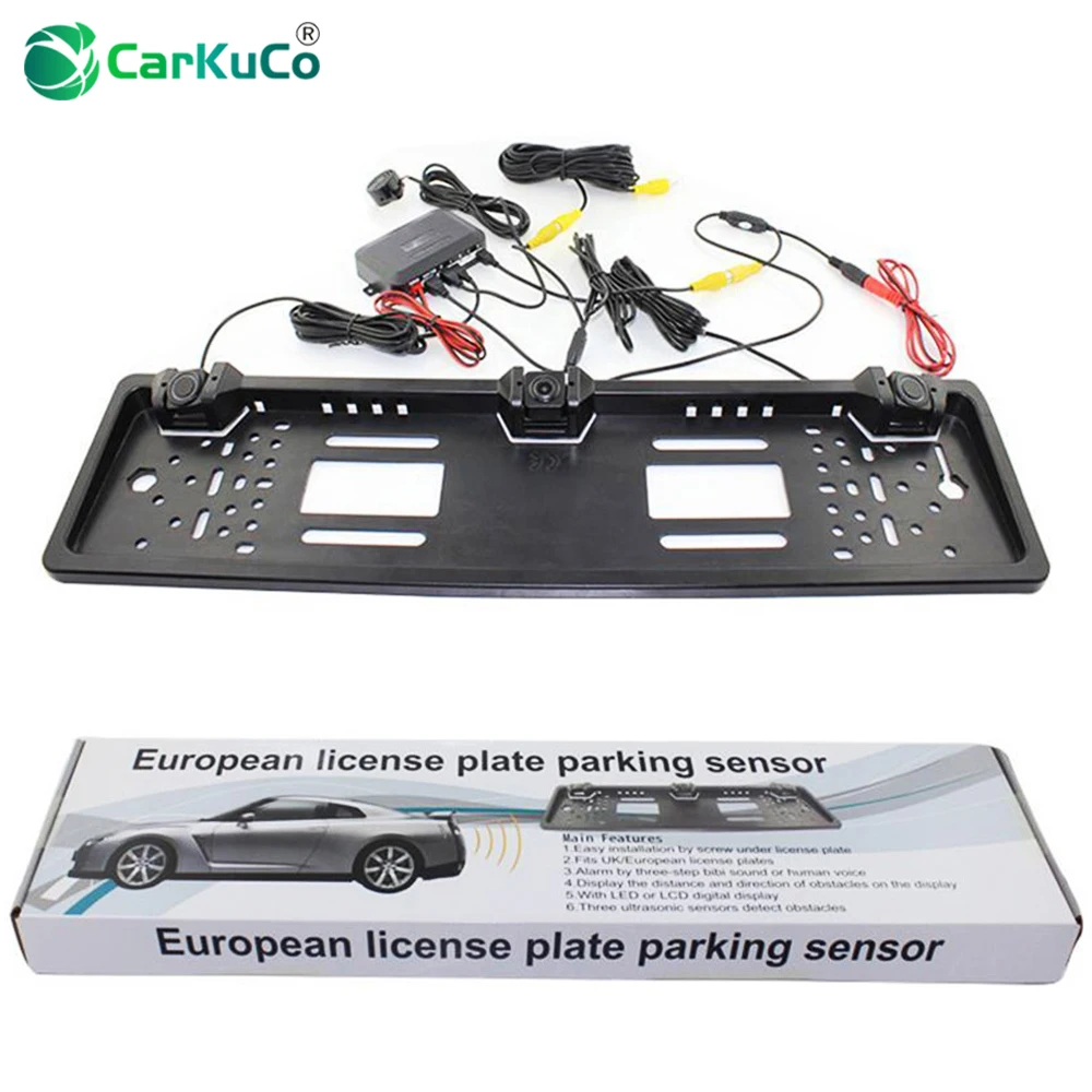 Kopen Auto Achteruitkijk systeem Europese Nummerplaat Video Parking Sensor Omkeren Radar met HD Rear View Backup Camera Geen Gaten