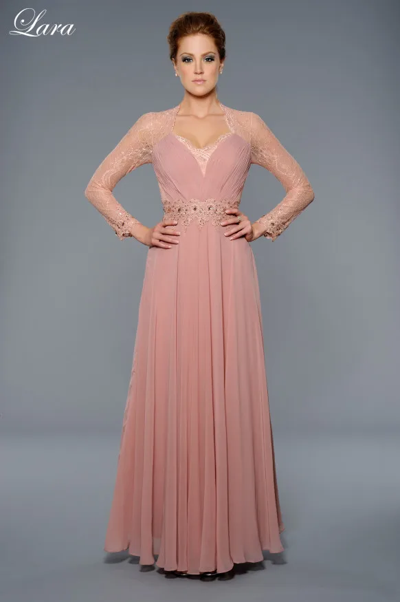 

Elegant Long Sleeve Evening Dress Formal See Through Back Chiffon Evening Gown A-Line Sweetheart Lace Mother of the Bride Dress