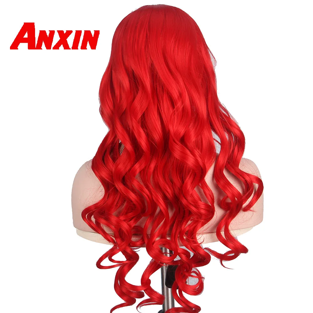 Anxin длинные глубокая волна парик 26 ''красный с челкой Для женщин вечерние аниме Косплэй парик