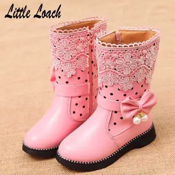 

Girls Princess Winter Boots Mid-calf PU Leather Boots Lace Bowtie Kids Fashion Snowshoes Rubber Outsole Slip-resistant Footwear