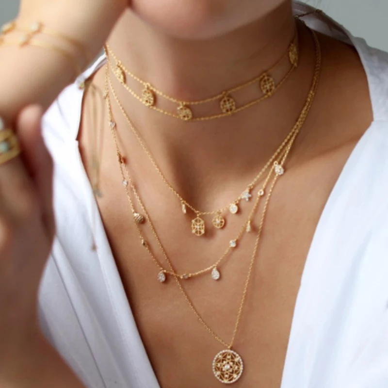 

Fashion Jewelry Lady's Gold Color Crystal Round Pendant Necklace Double Layer Chain Shiny cz choker & Necklaces for Women 2019