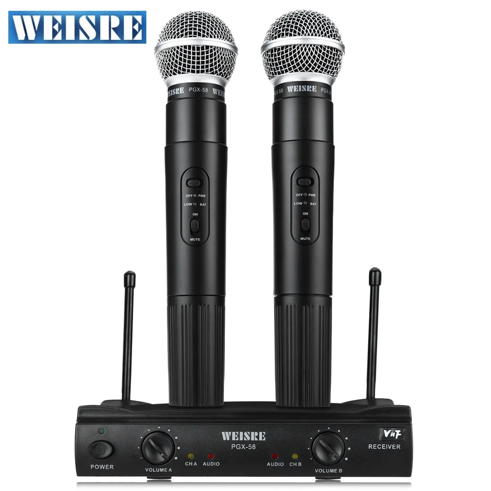 

Professional WEISRE PGX58 VHF Wireless Microphone Dual Handheld+2 x Mic Cordless with Receiver for Karaoke KTV Omni-directional
