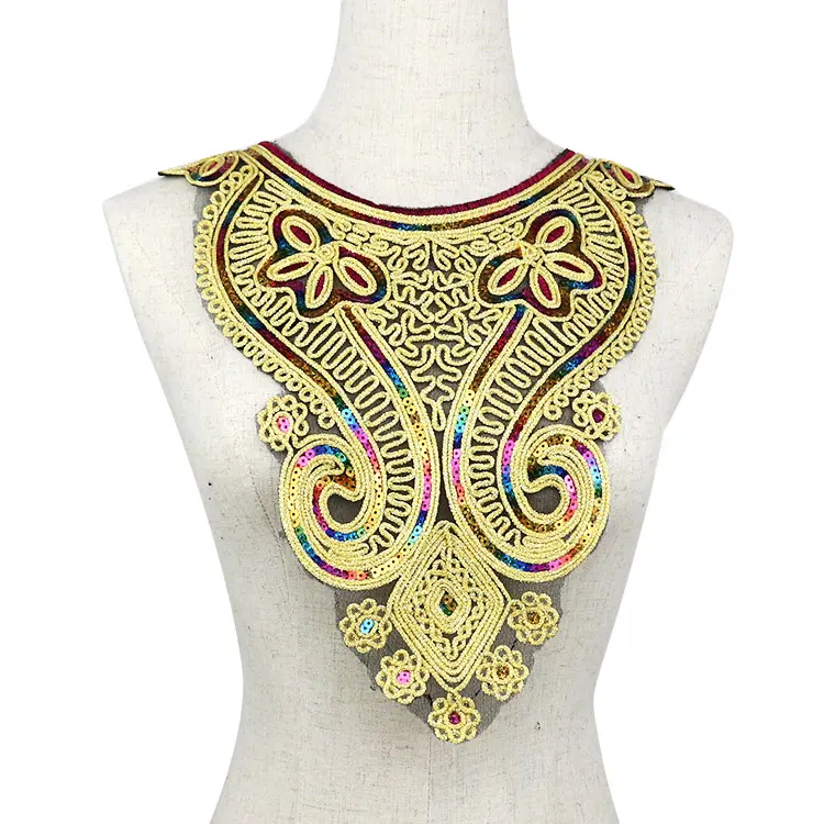 

Luxury gold sequin Flower cotton Lace Collar Fabric Trim ribbon sewing DIY Embroidery Applique bridal material wedding decor