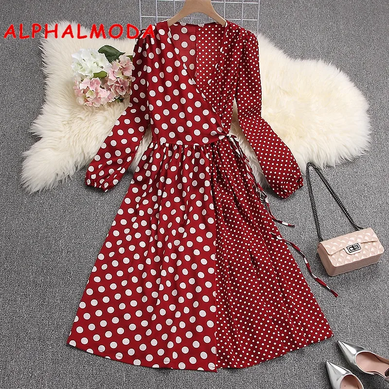 

ALPHALMODA 2019 Spring Dress Interesting Polka Dot Patchwork Long-sleeved Sashes Women Vintage Mid-calf Elegant Vestidos