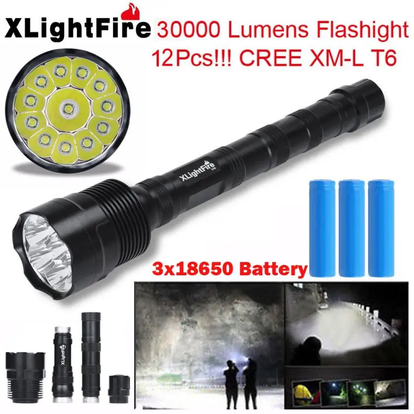 

DC 28 Shining Hot Selling Fast Shipping XLightFire 30000 Lumens 12x CREE XML T6 5 Mode LED Flashlight 3X 18650 Battery